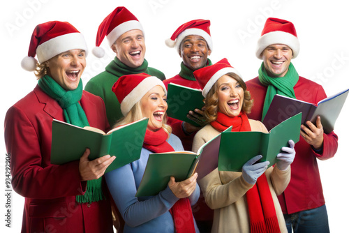 A joyful group of six people wearing Santa hats and festive attire singing carols together during a holiday celebration indoors isolated on transparent background