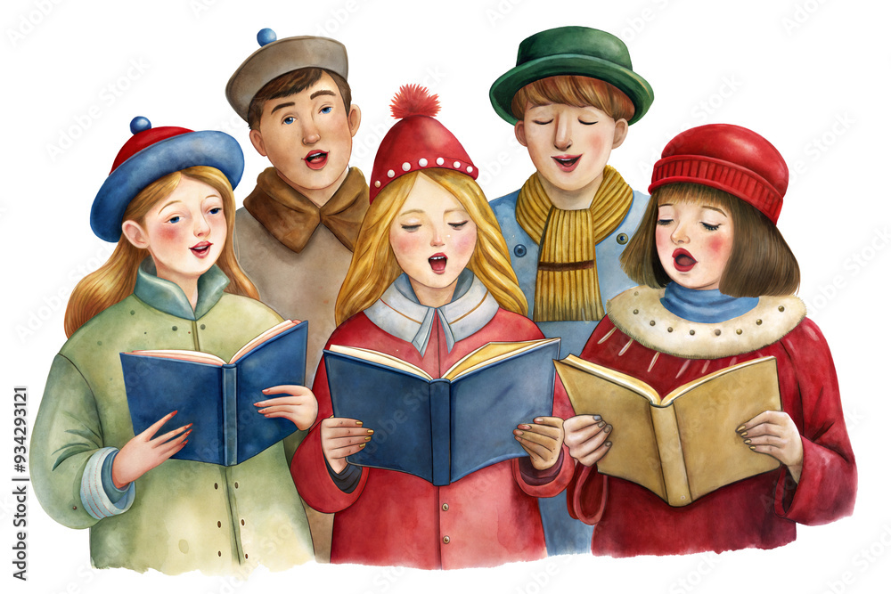A group of five young singers joyfully performing holiday carols while dressed in colorful winter clothing in a cheerful atmosphere isolated on transparent background A group of five young singers joyfully performing holiday carols while dressed in colorful winter clothing in a cheerful atmosphere isolated on transparent background