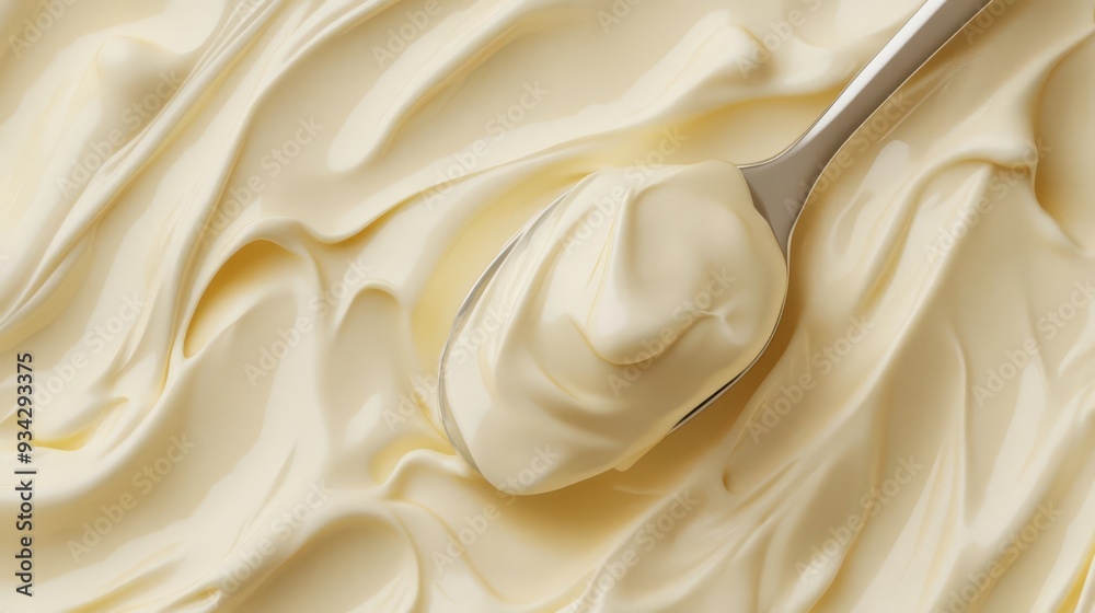 Spoon scooping creamy custard, detailed texture, white background, 3D illustration Spoon scooping creamy custard, detailed texture, white background, 3D illustration