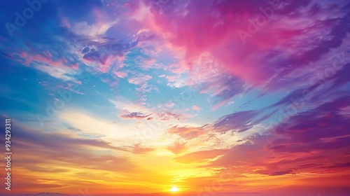 Ethereal summer sunset or sunrise sky with a rich gradient of blue, purple, orange, red, and yellow