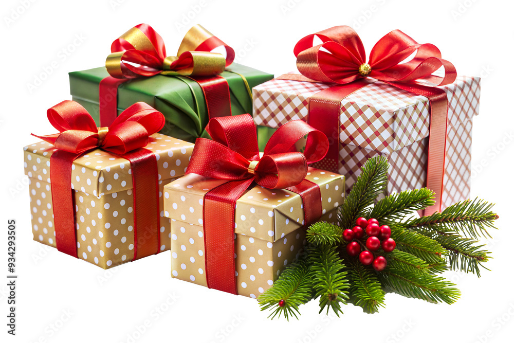 Obraz premium Colorful wrapped gifts with bows arranged on a table alongside pine branches and berries, perfect for a festive holiday celebration isolated on transparent background