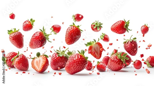 Fresh Strawberries Falling, Food and Culinary Action Photography Concept for Business Marketing, Fruit Berry Wallpaper, Restaurant Menu Cookbook Recipe Ingredient Backdrop, Isolated White Background