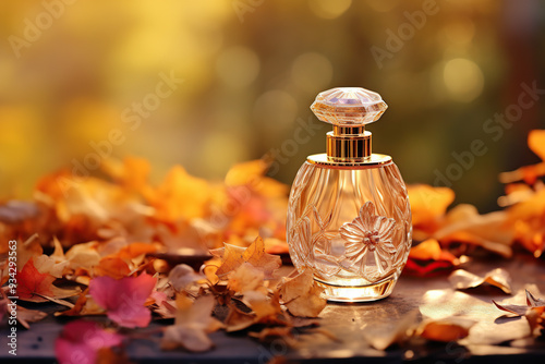 Transparent glass bottle of perfume on colorful