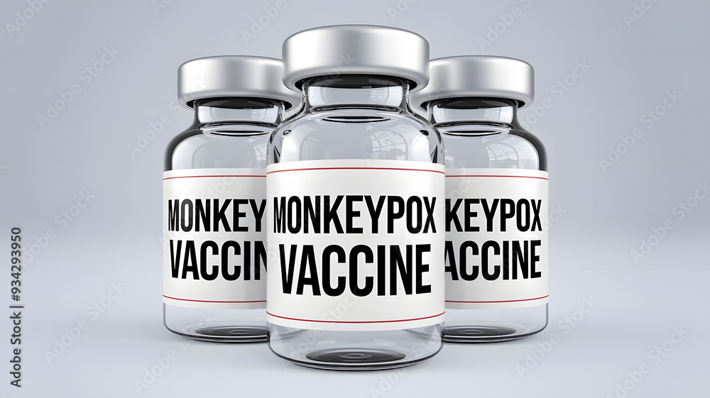 Three glass vials of monkeypox vaccine, each with a prominent label that reads MONKEYPOX VACCINE in bold letters. The vials have silver caps and are positioned in a row against a light gray background Three glass vials of monkeypox vaccine, each with a prominent label that reads MONKEYPOX VACCINE in bold letters. The vials have silver caps and are positioned in a row against a light gray background
