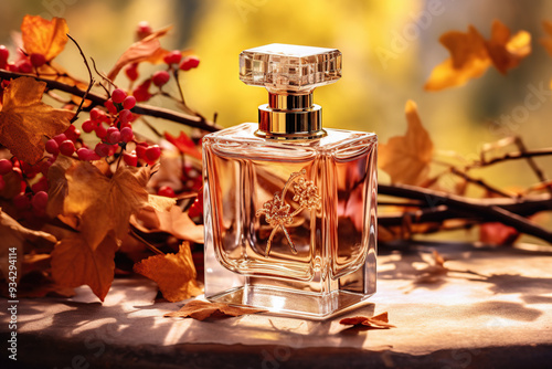 Transparent glass bottle of perfume on colorful