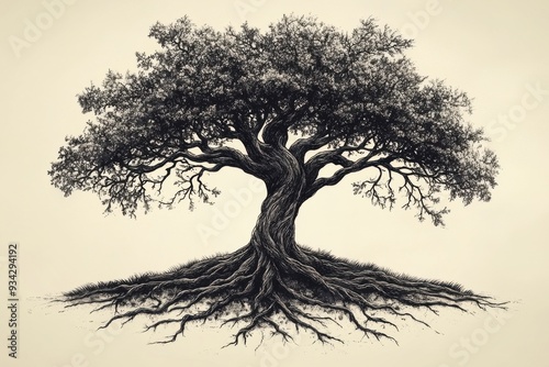 Drawing of a tree with roots on it, genealogy tree illustration