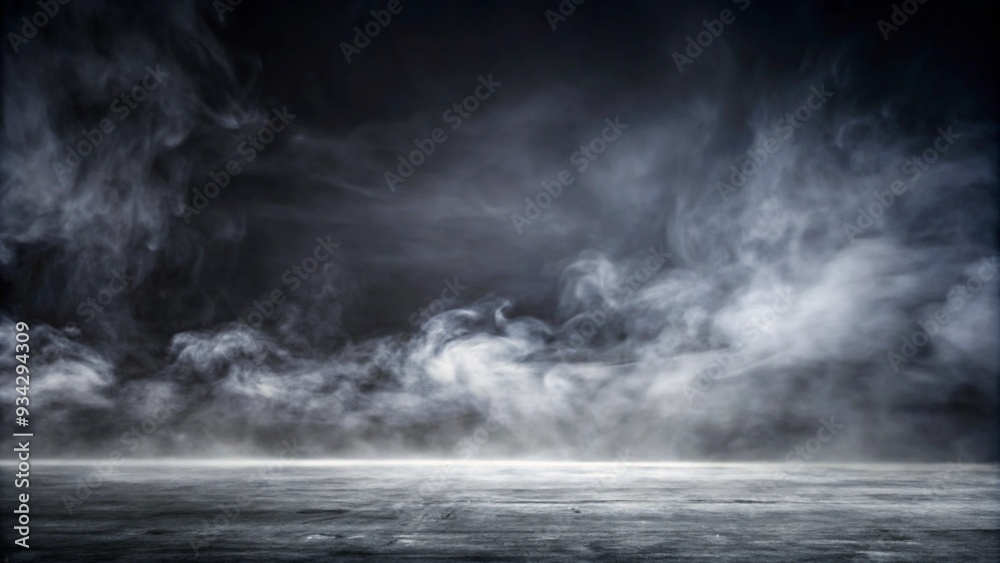 Fototapeta premium White smoke or fog flowing across the floor creates a mysterious and ethereal atmosphere. This effect is perfect for enhancing the ambiance of theatrical productions, photo shoots, or special events