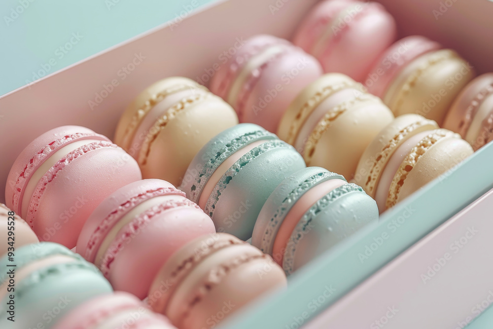 Fototapeta premium A box of assorted colored macarons