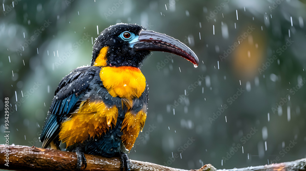 Obraz premium Amazon Aracari perched on a branch, its vibrant plumage and distinctive beak visible