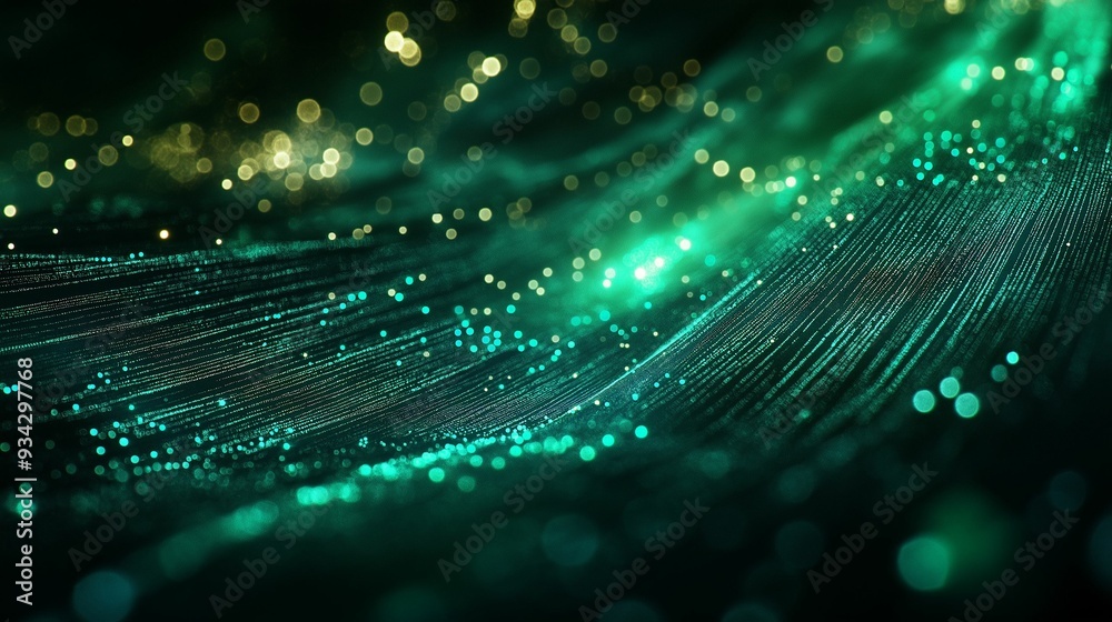 A stunning abstract scene featuring green digital waves with sparkling golden and teal particles. A stunning abstract scene featuring green digital waves with sparkling golden and teal particles.