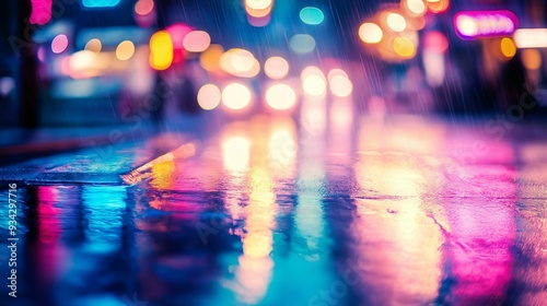 A blurred, neon-lit cityscape reflecting in wet pavement during rainfall.