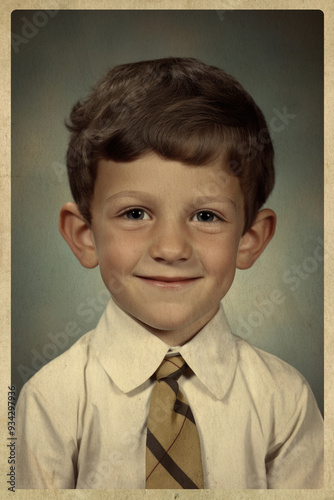 A vintage style school wallet sized photo of a boy wearing a tie