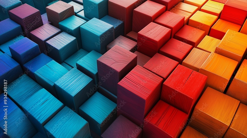 Obraz premium A vibrant composition of textured wooden blocks arranged in a gradient from cool blue and green tones to warm red and orange hues.