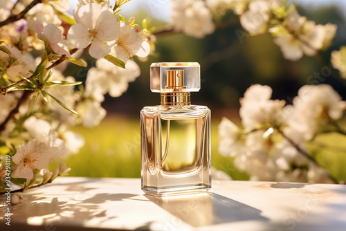 Transparent glass bottle of perfume on colorful