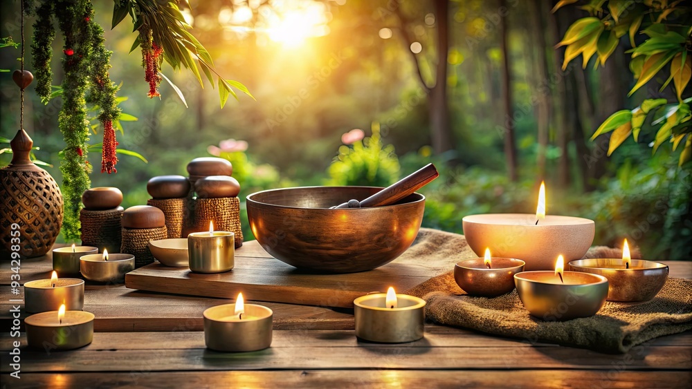 Soothing atmosphere with Tibetan singing bowls on a meditation cushion surrounded by candles, incense sticks, and pebbles amidst a serene natural background setting. Soothing atmosphere with Tibetan singing bowls on a meditation cushion surrounded by candles, incense sticks, and pebbles amidst a serene natural background setting.