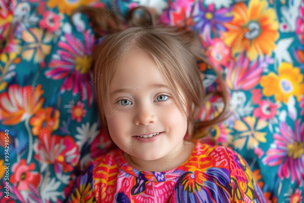 Little girl with down syndrome smiling lying on colorful floral blanket Little girl with down syndrome smiling lying on colorful floral blanket