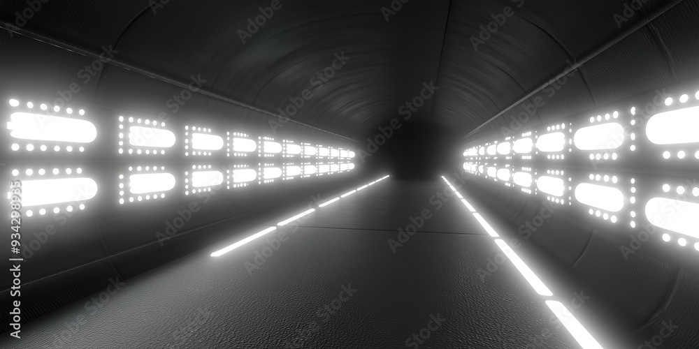 Fototapeta premium Futuristic tunnel illuminated by symmetrical rows of bright white lights, creating a striking perspective leading to a dark vanishing point.