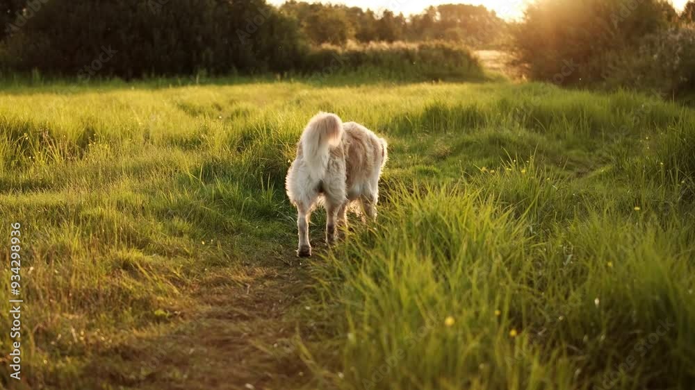 Golden Retriever Adorably Enjoying Its Evening Routine At Sunset Golden Retriever Adorably Enjoying Its Evening Routine At Sunset