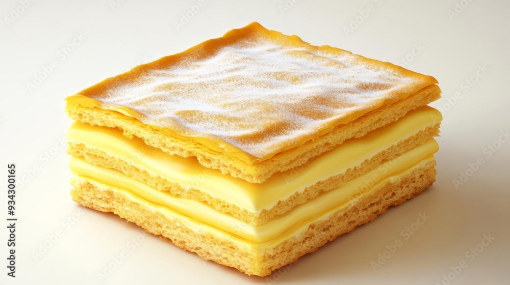 Fototapeta premium Custard slice, detailed texture with soft layers, white background, 3D illustration