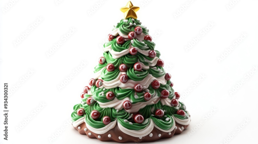 Christmas treeshaped cake, detailed icing, white background, 3D illustration Christmas treeshaped cake, detailed icing, white background, 3D illustration