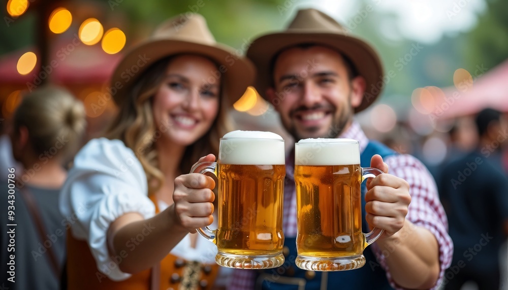 Happy couple in bavarian clothes holding beer mugs celebrating oktoberfest Happy couple in bavarian clothes holding beer mugs celebrating oktoberfest
