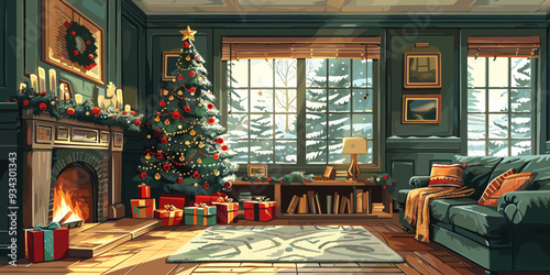 Christmas living room with fireplace, Christmas tree and presents. Vector illustration.
