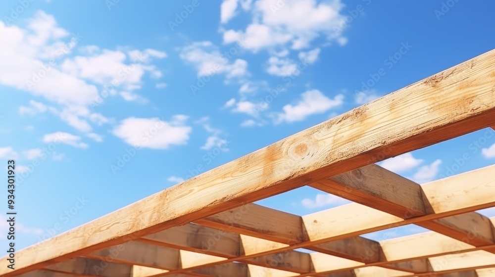 Wooden house frame construction against clear blue sky, concept of home building in progress Wooden house frame construction against clear blue sky, concept of home building in progress