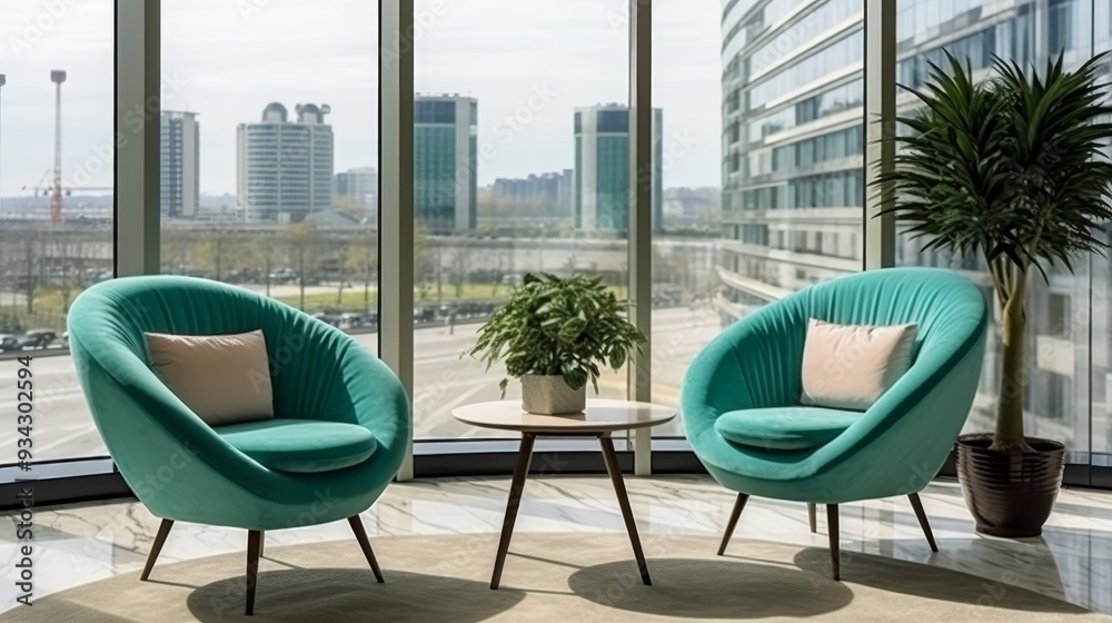 Fototapeta premium Modern waiting area featuring two elegant armchairs and a spacious panoramic window