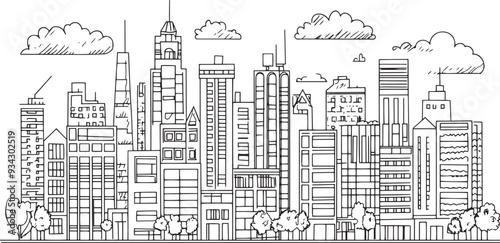 City landscape. Line urban backdrop. Skyline with clouds, different buildings on street, doodle street draw, outline cityscape hand sketch, flat houses. Hand drawn vector illustration