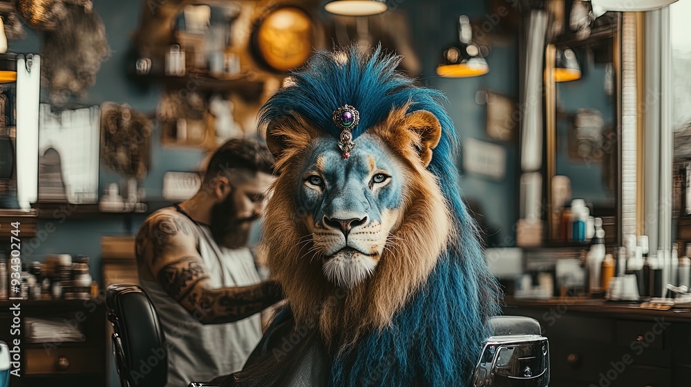 Vibrantly Styled Lion with Blue Mohawk in Trendy Barbershop: Perfect Poster Art for Sporty Interiors and Creative Spaces Vibrantly Styled Lion with Blue Mohawk in Trendy Barbershop: Perfect Poster Art for Sporty Interiors and Creative Spaces