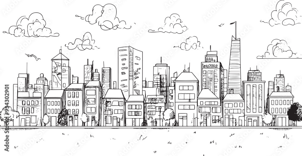 City landscape. Line urban backdrop. Skyline with clouds, different buildings on street, doodle street draw, outline cityscape hand sketch, flat houses. Hand drawn vector illustration