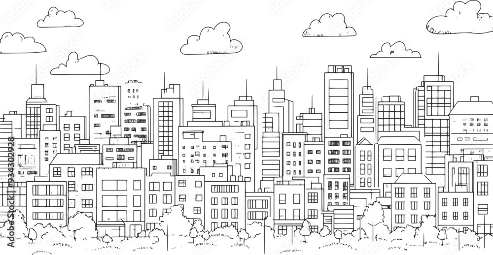 City landscape. Line urban backdrop. Skyline with clouds, different buildings on street, doodle street draw, outline cityscape hand sketch, flat houses. Hand drawn vector illustration City landscape. Line urban backdrop. Skyline with clouds, different buildings on street, doodle street draw, outline cityscape hand sketch, flat houses. Hand drawn vector illustration