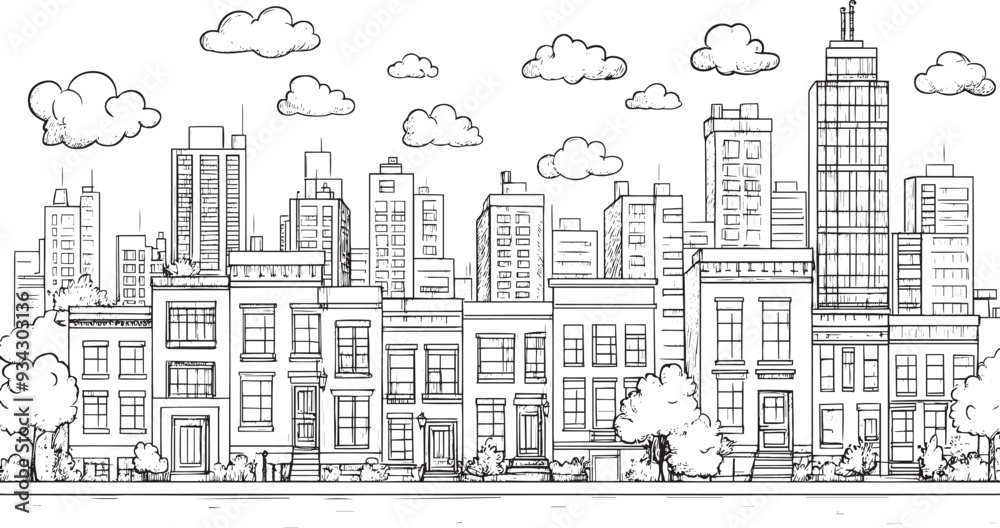 Fototapeta premium City landscape. Line urban backdrop. Skyline with clouds, different buildings on street, doodle street draw, outline cityscape hand sketch, flat houses. Hand drawn vector illustration