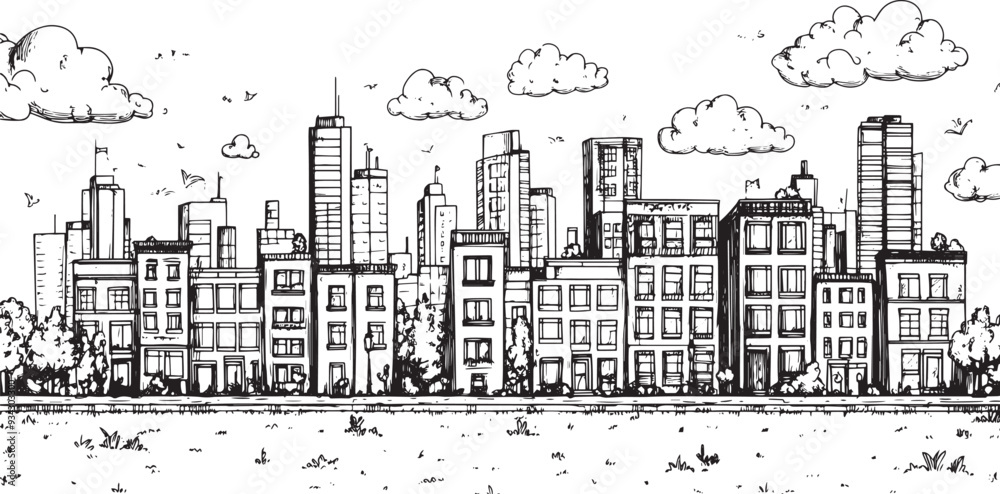 Fototapeta premium City landscape. Line urban backdrop. Skyline with clouds, different buildings on street, doodle street draw, outline cityscape hand sketch, flat houses. Hand drawn vector illustration