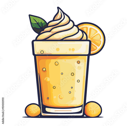Glass of orange juice with whipped cream and orange slice cartoon illustration, generative ai