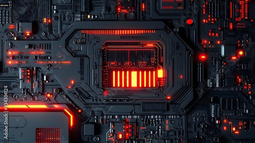 Futuristic Circuit Board with Red Glowing Lights.