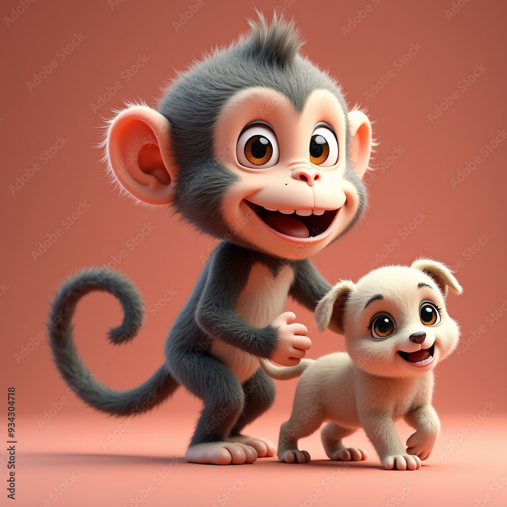A funny Monkey is going to a pet store with a puppy A funny Monkey is going to a pet store with a puppy
