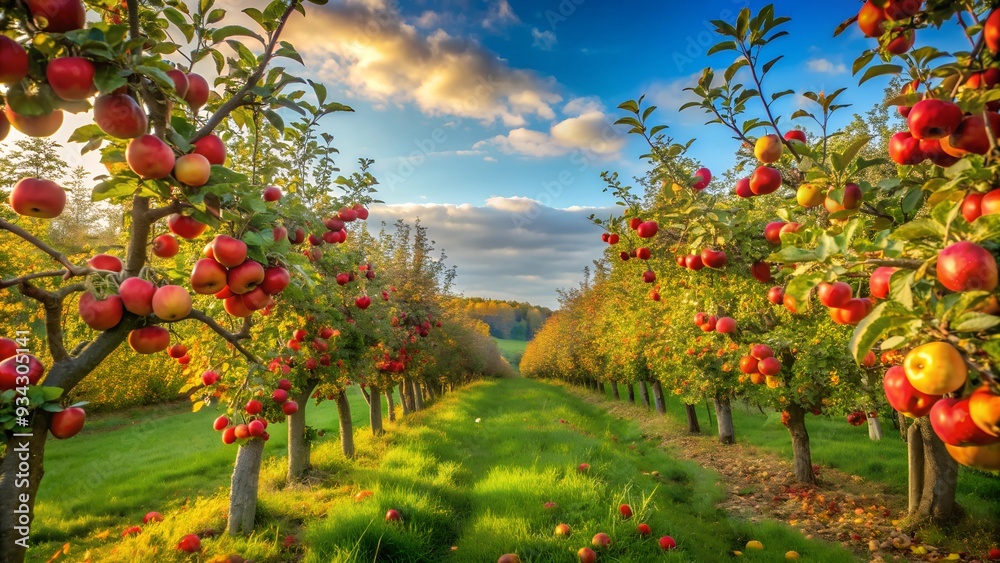 Autumn orchard with apple trees heavy with ripe fruit Autumn orchard with apple trees heavy with ripe fruit