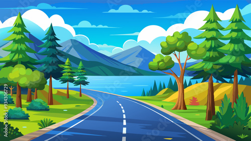 Empty asphalt road and green trees with blue sky background over the lake in summer, landscape nature view 