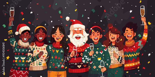 Christmas party with friends. Happy New Year and Merry Christmas. Vector illustration