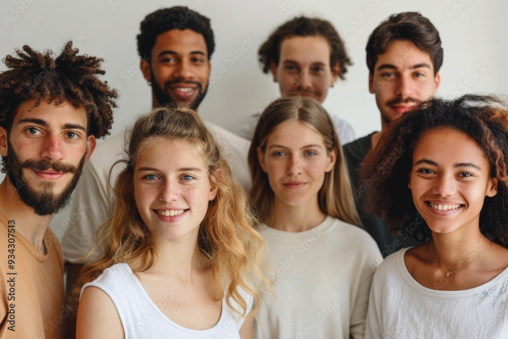 A cheerful and diverse group of young adults poses together happily indoors, showcasing their friendship and unity A cheerful and diverse group of young adults poses together happily indoors, showcasing their friendship and unity