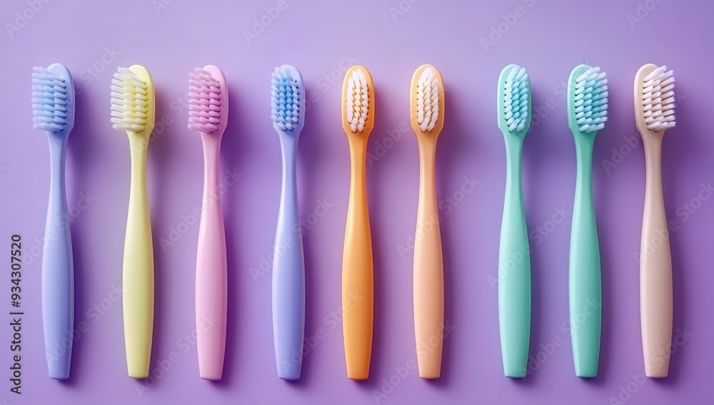 A row of colorful toothbrushes arranged on a purple background
A row of colorful toothbrushes arranged on a purple background