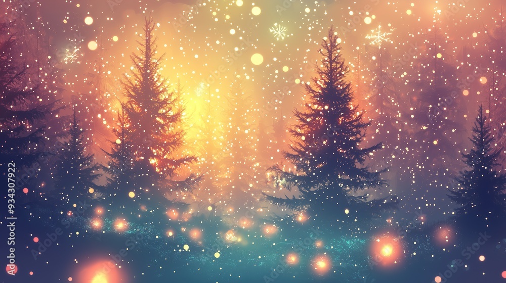 Obraz premium Magical winter night with snow covered pine trees illuminated by sparkling golden bokeh lights
