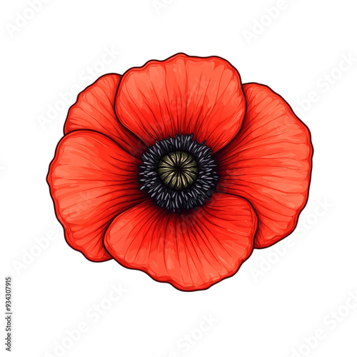 Artistic vector style poppy with rich red petals and dark center isolated on transparent background 