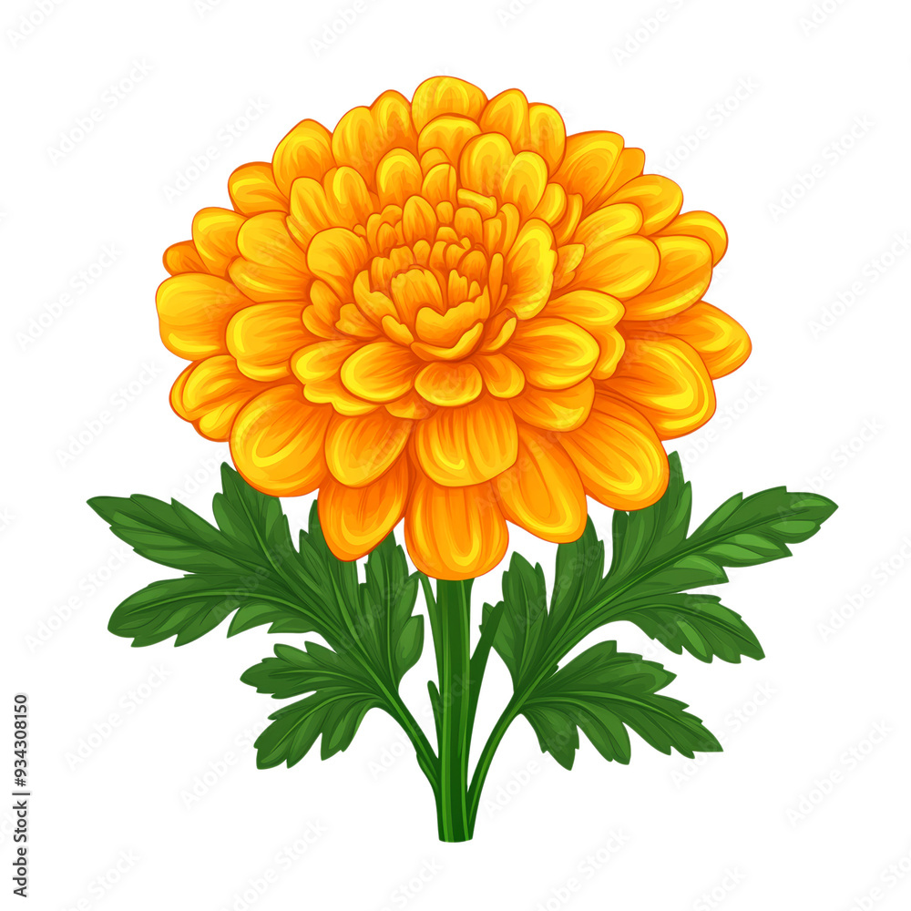 Bright vector style marigold with vibrant orange petals and lush green leaves isolated on transparent background Bright vector style marigold with vibrant orange petals and lush green leaves isolated on transparent background