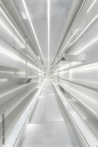 White Corridor with Shelves and Bright Lights