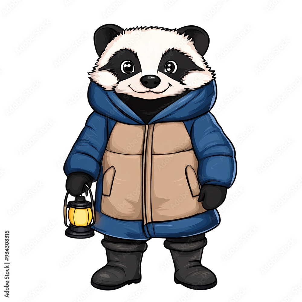 Cartoon badger in a winter coat and boots holding a lantern looking cheerful isolated on a transparent background Cartoon badger in a winter coat and boots holding a lantern looking cheerful isolated on a transparent background
