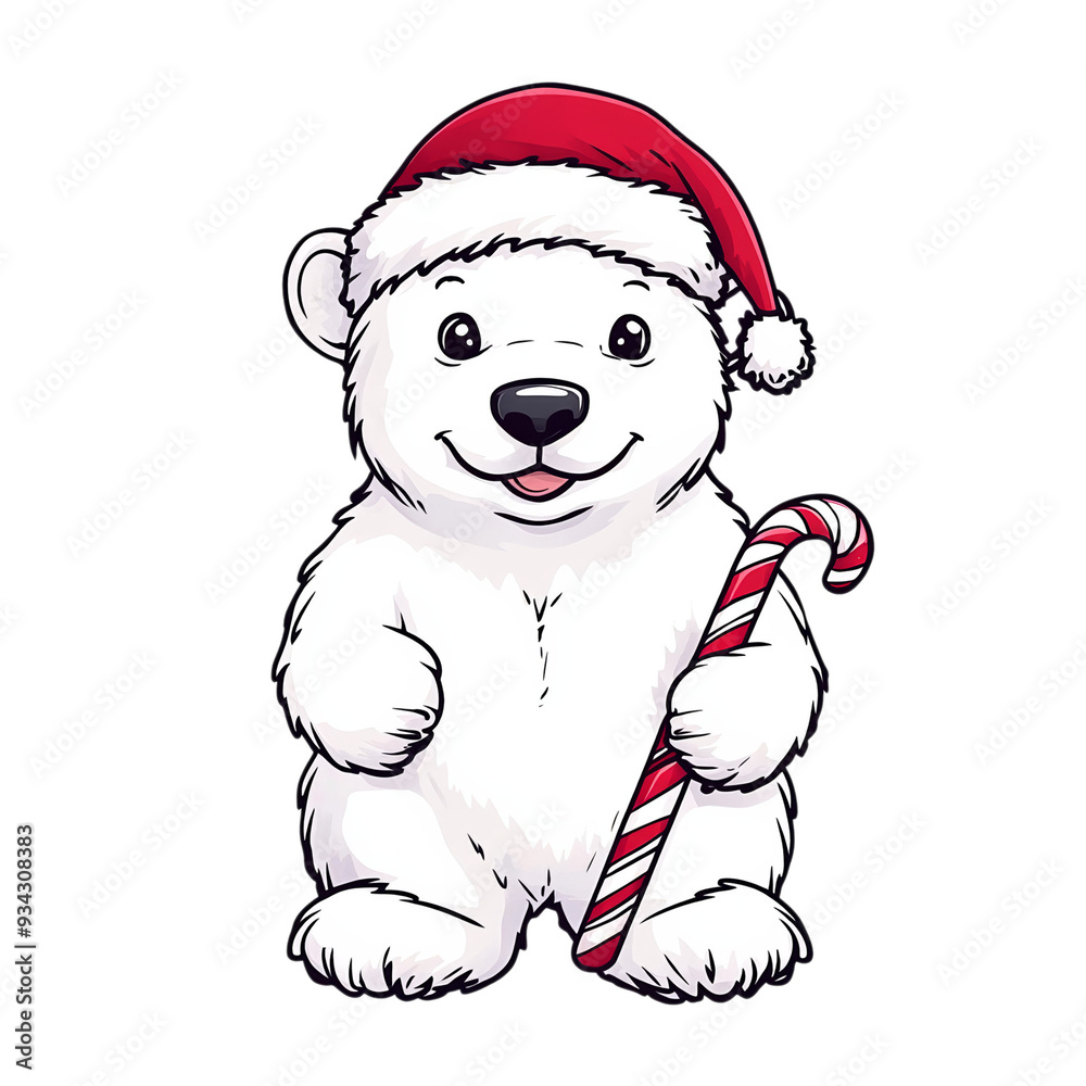 Cartoon polar bear cub with a Santa hat holding a candy cane happily isolated on a transparent background 