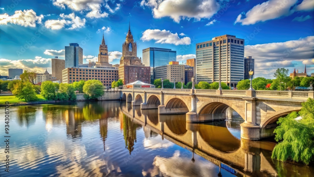 Sunny day view of Bulkeley Bridge connecting downtown Hartford to East Hartford, spanning the Connecticut River with cityscape in the background. Sunny day view of Bulkeley Bridge connecting downtown Hartford to East Hartford, spanning the Connecticut River with cityscape in the background.