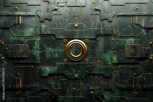 Futuristic green and gold circuit board with a central gold circle.